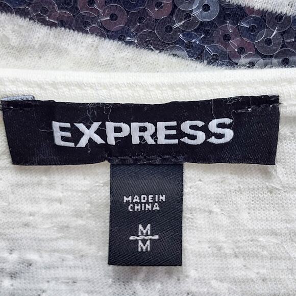 Express Sequin Women's Blouse Knit White Navy Stripe Short Sleeve Top Medium - Picture 5 of 8